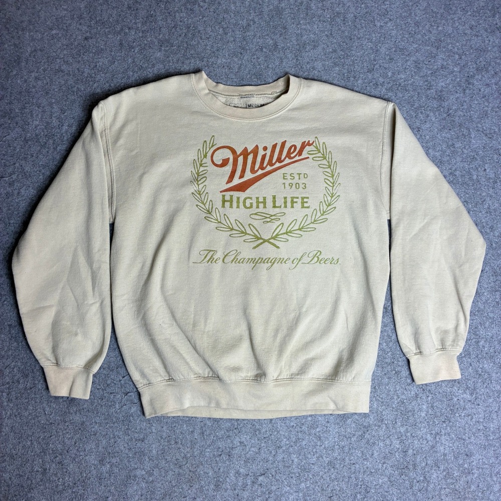 Miller High Life Sweatshirt Mens Medium Beige Excellent Graphic Crewneck Fleece